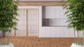Zen interior with potted bamboo plant, natural interior design concept, minimal japandi kitchen with cabinets. Paper sliding door Royalty Free Stock Photo