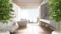 Zen interior with potted bamboo plant, natural interior design concept, minimalist luxury bathroom with bathtub, shower and window Royalty Free Stock Photo