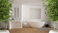 Zen interior with potted bamboo plant, natural interior design concept, minimalist luxury bathroom with bathtub, sink and carpet,
