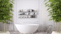 Zen interior with potted bamboo plant, natural interior design concept, scandinavian bathroom, classic white vintage Royalty Free Stock Photo