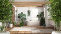 Zen interior with potted bamboo plant, natural interior design concept, wooden bathroom with freestanding bathtub and washbasin,