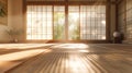 Zen japanese tea room with soft light on tatami mats, high res realistic textures Royalty Free Stock Photo