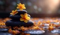 Zen-like composition of stacked basalt stones and vibrant frangipani flowers amidst a backdrop of falling water and scattered Royalty Free Stock Photo