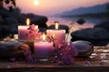 Zen like scene candles glow, stones, lavender, fostering a serene meditation space Royalty Free Stock Photo