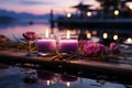 Zen like scene candles glow, stones, lavender, fostering a serene meditation space Royalty Free Stock Photo