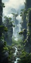 Zen-like Tranquility: A Fantasy Scene Of Mountains And Stream