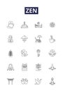 Zen line vector icons and signs. Focus, Clarity, Inner, Peace, Awareness, Mindful, Meditation, Bliss outline vector Royalty Free Stock Photo