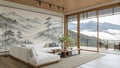 Zen Living Room Mountain Ink Wash Mural, Sectional Sofa, Mountain View