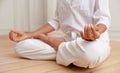 Zen, lotus and yoga, hands of woman on floor in gym for peace and mindfulness training. Relax, meditation and mind Royalty Free Stock Photo