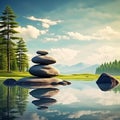 Zen Meditation Landscape with Calm and Spiritual Nature Environment and Stone Balance Royalty Free Stock Photo