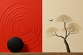 Zen minimalism optical illusions, calm minimalist portraits, red and black fictional landscapes