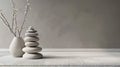 Zen minimalism with stone stack and vase closeup image, ai generated Royalty Free Stock Photo