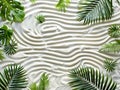 Zen pattern in white sand with palm leaves Royalty Free Stock Photo
