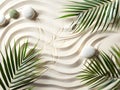 Zen pattern in white sand with palm leaves Royalty Free Stock Photo