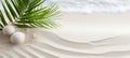 Zen pattern in white sand with palm leaves for spa background, meditation, and relaxation concept. Royalty Free Stock Photo