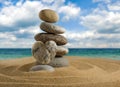 zen pyramid with a heart-shaped stone on the sand with the sea in the background Royalty Free Stock Photo