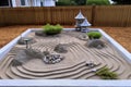 zen rock garden with raked sand patterns Royalty Free Stock Photo