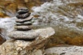 Zen meditation concept. Feng shui. Zen stones (cairn) and river water