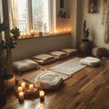 Zen Room with Sunlight and Lush Garden View. A peaceful zen room filled with natural light, overlooking a lush garden through Royalty Free Stock Photo