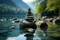 Zen sanctuary, tranquil aura, balanced stones, serene nature setting, meditative ambiance Royalty Free Stock Photo