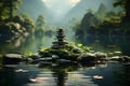 Zen sanctuary, tranquil aura, balanced stones, serene nature setting, meditative ambiance Royalty Free Stock Photo