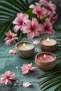 Zen Spa Atmosphere with Aromatic Candle, Stones, and Orchids on Textured Background Royalty Free Stock Photo