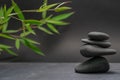 Zen spa basalt stones and green bamboo leaves on black background. Wellness and relaxation. Royalty Free Stock Photo