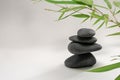 Zen spa basalt stones and green bamboo leaves on white background. Wellness and relaxation. Royalty Free Stock Photo