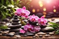 Zen spa stones with pink orchid and bamboo. ai generative Royalty Free Stock Photo