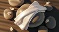 Zen still life with smooth stones, white folded fabric, and delicate petals in warm sunlight Royalty Free Stock Photo