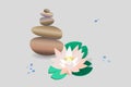 Zen stone balance, delicate white lotus flower, water lily. 3D image of stones, flowers. Vector illustration for spa salons, yoga Royalty Free Stock Photo