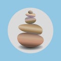 Zen stone balance, realistic image in round blue frame. 3D image of stones.