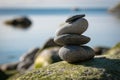 Zen stone pyramide with blurred sea shore background. Stack of balancing pebbles on the beach. Beauty, nature, meditation, harmony Royalty Free Stock Photo