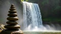 Zen Stone Stack Balanced Cairn in Front of Majestic Waterfall Nature Serenity Royalty Free Stock Photo