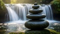 Zen Stone Stack by Serene Waterfall, Balancing Rocks, Nature Meditation, Tranquility Royalty Free Stock Photo