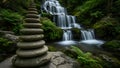 Zen Stone Stack and Serene Waterfall in Lush Green Forest, Nature\'s Tranquility Royalty Free Stock Photo