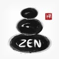 Zen stone stack . Sumi e style . Ink watercolor painting design . Black gray overlap color . Red square stamp with kanji calligrap