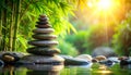 Zen stone stack in tranquil bamboo forest with sun rays and water reflection stones Royalty Free Stock Photo