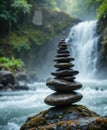 Zen Stone Stack by Waterfall in Lush Forest Royalty Free Stock Photo