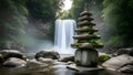 Zen Stone Stack by Waterfall in Lush Forest Royalty Free Stock Photo