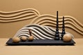 zen stone trio with raked sand waves and bamboo background Royalty Free Stock Photo