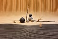 zen stone trio with raked sand waves and bamboo background Royalty Free Stock Photo