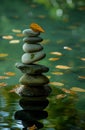 Zen stones in balance with autumn leaf on top Royalty Free Stock Photo