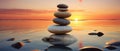 Zen Stones Balance On Beach During Peaceful Sunset