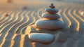 Serene zen stones balanced on rippled sand at sunset. meditation and balance concept, simple natural background. AI Royalty Free Stock Photo