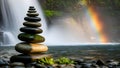 Zen Stones Balance Waterfall Rainbow Harmony, Meditation, Nature Royalty Free Stock Photo