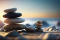 Zen stones balanced on the beach. Sunrise light. Meditation and relaxation. Ai generative