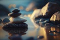 Zen stones balanced on the beach. Sunrise light. Meditation and relaxation. Ai generative