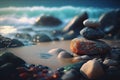 Zen stones balanced on the beach. Sunrise light. Meditation and relaxation. Ai generative