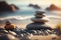 Zen stones balanced on the beach. Sunrise light. Meditation and relaxation. Ai generative